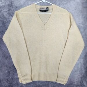 Vintage 90s Cream 100% Wool V Neck Sweater Large Light Academia Layering
